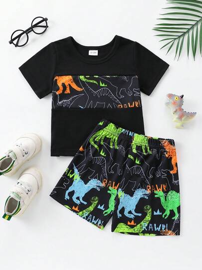 طقم تيشيرت قصير الأكمام وسروال قصير صيفي للرضع الذكور بطبعة ديناصور مضيئة ليلاً وملابس عادية