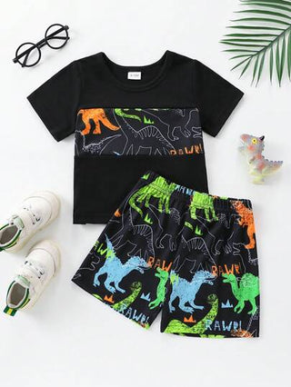 طقم تيشيرت قصير الأكمام وسروال قصير صيفي للرضع الذكور بطبعة ديناصور مضيئة ليلاً وملابس عادية