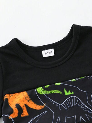 طقم تيشيرت قصير الأكمام وسروال قصير صيفي للرضع الذكور بطبعة ديناصور مضيئة ليلاً وملابس عادية
