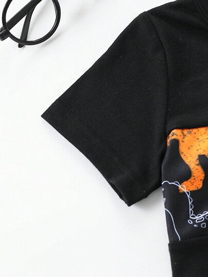 طقم تيشيرت قصير الأكمام وسروال قصير صيفي للرضع الذكور بطبعة ديناصور مضيئة ليلاً وملابس عادية