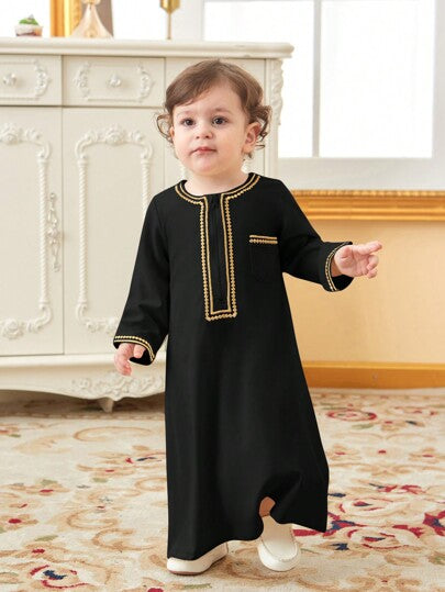 SHEIN جلابية تقليدية للأولاد الرضع بحافة ذهبية ومفتوحة من الأمام