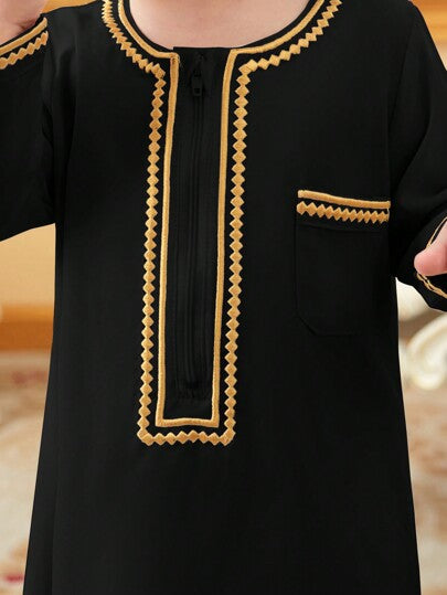 SHEIN جلابية تقليدية للأولاد الرضع بحافة ذهبية ومفتوحة من الأمام