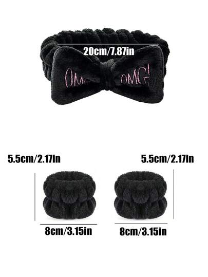 3 قطع طقم عصابة الحمام وعصابة المعصم المزينة بالفيونكات، عصابة شعر وعصابة غسيل اليد من البوليستر الأسود الحديث للحمام والنادي الرياضي