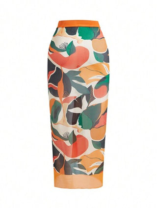 SHEIN Swim Curve تنورة كاملة مطبوعة للنساء بحجم زائد، ملائمة لفصل الصيف ولملابس السباحة المتوافقة.