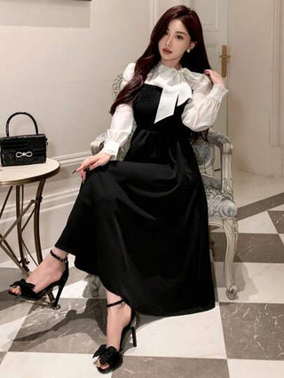 فساتين حريمي DAZY فستان متوسط الطول للنساء بربطة أمامية وياقة واقفة بنمط الكتلة اللونية