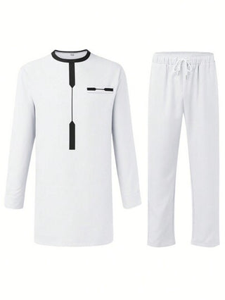 بدلة رجالية تتكون من ملابس علوية ذو أكمام طويلة وألوان متباينة وبنطلون طويل بخصر رباط