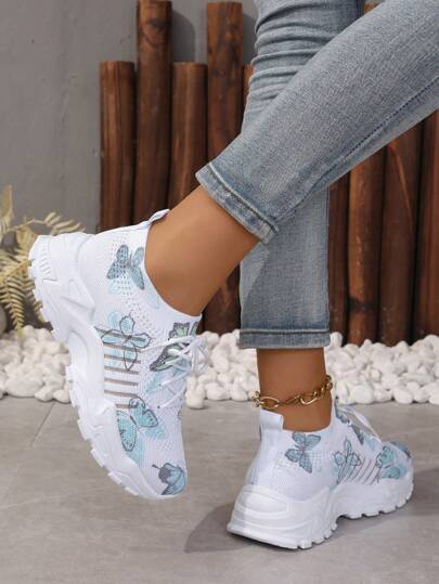 حذاء نسائي رياضي شبكي بنمط الفراشة، حذاء رياضي عارض مريح بألوان منقطة وأسفل قمة منخفضة مربوط بالرباط ،أحذية رياضية مريحة للجري للأنشطة الخارجية