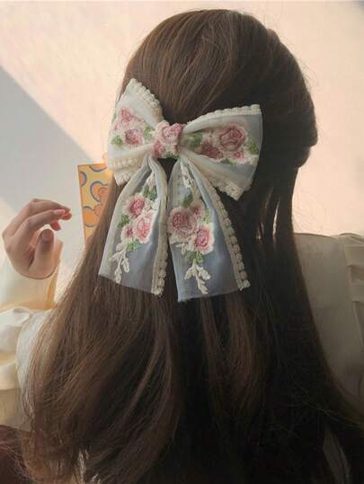 مشبك شعر من الدانتيل بوردة وردية وقوس، بنمط حلو ومنعش مزين بأحجار الراين