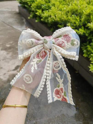 مشبك شعر من الدانتيل بوردة وردية وقوس، بنمط حلو ومنعش مزين بأحجار الراين