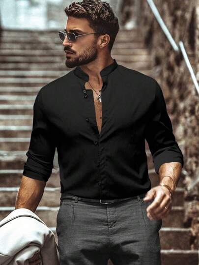 Manfinity Homme قميص رجالي فضفاض اللون الأحادي ذو ياقة عالية وأكمام طويلة، مناسب للخريف