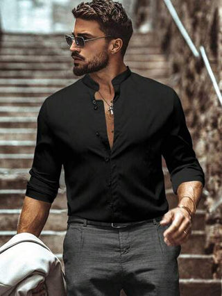Manfinity Homme قميص رجالي فضفاض اللون الأحادي ذو ياقة عالية وأكمام طويلة، مناسب للخريف