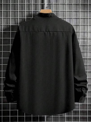 Manfinity Homme قميص رجالي فضفاض اللون الأحادي ذو ياقة عالية وأكمام طويلة، مناسب للخريف