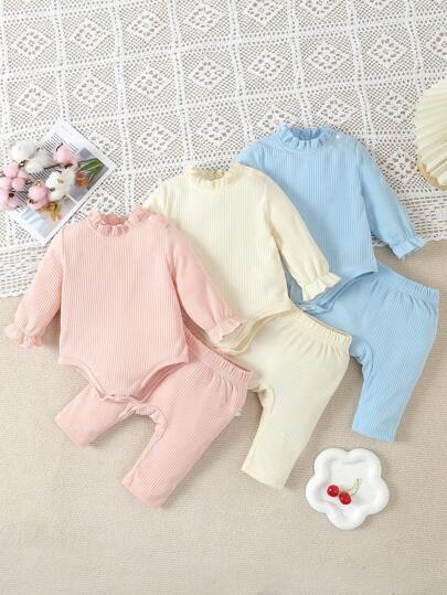 SHEIN أفرول بأكمام طويلة وسروال طويل للأطفال الرضع بجلبة مجموعة 2 قطعة لون سادة 3 مجموعات للارتداء في المنزل