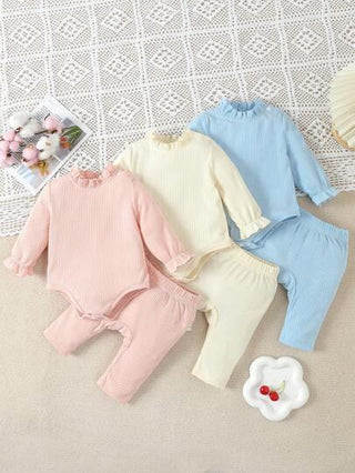 SHEIN أفرول بأكمام طويلة وسروال طويل للأطفال الرضع بجلبة مجموعة 2 قطعة لون سادة 3 مجموعات للارتداء في المنزل