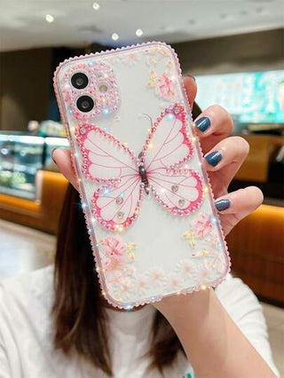 حقيبة هاتف شفافة مزينة برسومات الفراشات الوردية ذات الحجارة الكريستالية المعدنية متوافقة مع iPhone 15 / 15 بلس / 15 برو / 15 برو ماكس