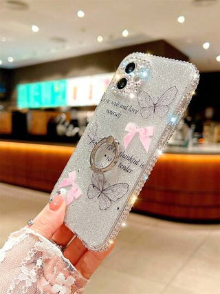 غطاء هاتف بنقشة الفراشة والبريق مع حامل خاتم متوافق مع iPhone 15 / 15 بلس / 15 برو / 15 برو ماكس