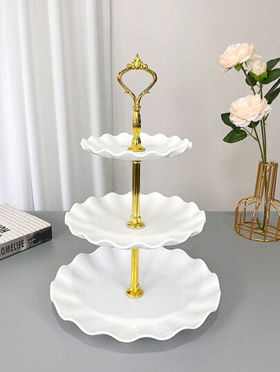 قاعدة كيك من البلاستيك فاخرة ب-3 طبقات، صينية كيك زفاف، رف عرض كيك وفاكهة ذو حافة ذهبية فاخرة