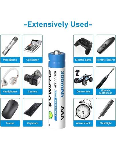 PUJIMAX 16 قطعة/12 قطعة/8 قطع/4 قطع/2 قطعة بطاريات قابلة للشحن NI-MH من نوع AAA بسعة 300 مللي أمبير في الساعة، 1.2 فولت، أداء عالي، استقرار للجهد الكهربائي لطائرة بدون طيار، مصباح يدوي، لعبة، راديو، جهاز تحكم عن بعد، جرس الباب، موقد غاز - (يتطلب شاحن بطار