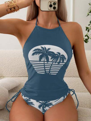 طقم تانكيني حريمي Swim Lushoire تانكيني مع حمالة رقبة ورباط جانبي بطبعات شاطئية استوائية لصيف مليء بالأناقة