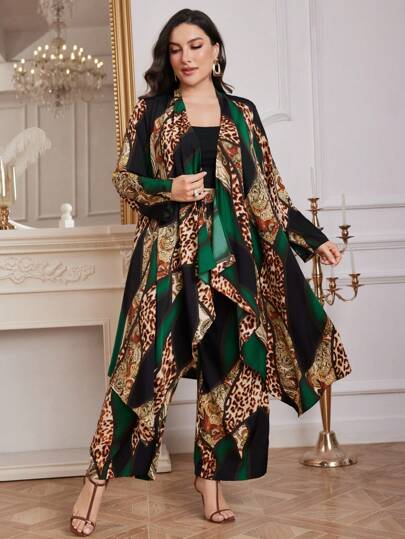 Modelyn مجموعة قطعتين نسائية بطبعة نمر وزهور مضمنة المقاسات الكبيرة