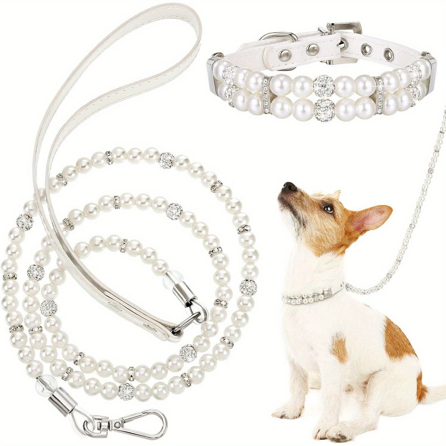 2pcs Set, Artificial Pearl Dog Collar And Leash, Rhinestone & Imitated Pearl Pet Necklace, PU Leather, Christmas Holiday Pet Accessories, For Small To Medium Dogs Cats