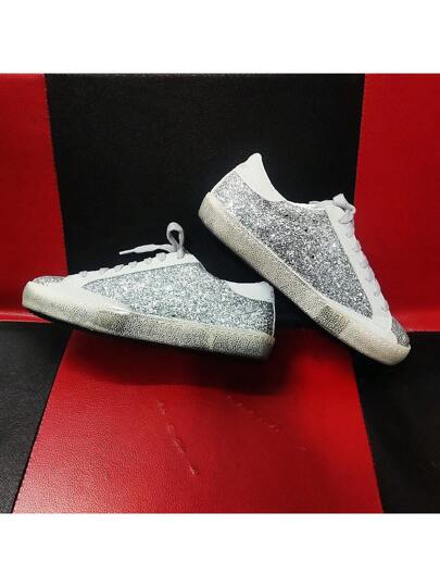 GONR حذاء رياضي GONR مزين بنجوم لامعة وترتر، أحذية كاجوال عتيقة، مقاس كبير (يباع مقاس نصف مقاس أكبر)، زيادة ارتفاع 2 سم، نعل داخلي قابل للتنفس، خفيف الوزن، جنسي