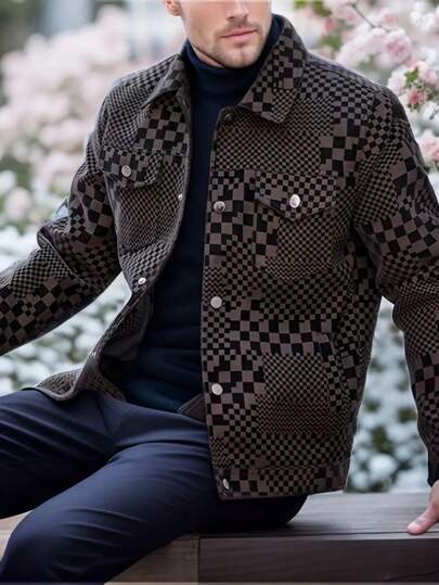 جاكيت من الجلد الصناعي بطبعة المربعات وطية الرجال, نمط الأعمال