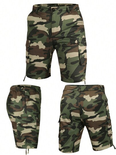 Manfinity Homme شورت رجالي برباط بسيط وجيوب وطبعة كاموفلاج، أخضر جيشي ملون لارتداء الشارع