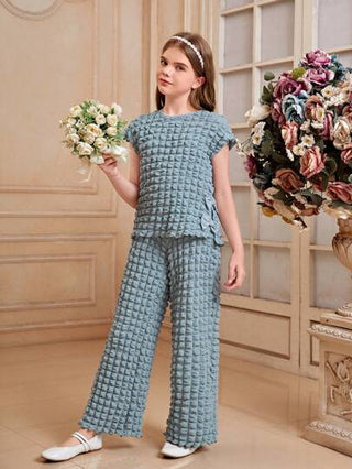 girls-sets قطعتان من تي شيرت الفتيات الصغيرات متموجة القماش المربعة وحزام الكتف وبنطلون بساق مستقيمة مصنوعان من الصوف المحبوك