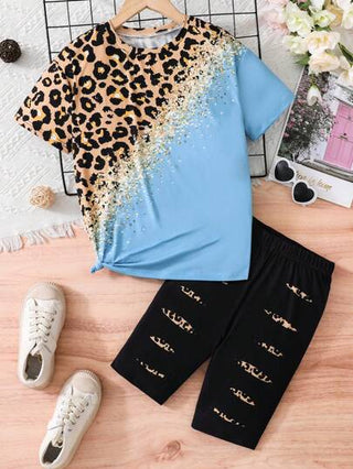 girls-sets تي شيرت تي شيرت لفتاة المراهقة بأكمام قصيرة مطبع بطبعة النمر و مجموعة من البناطيل الضيقة للركوب الدراجات ذات تصميم تقسيم الألوان
