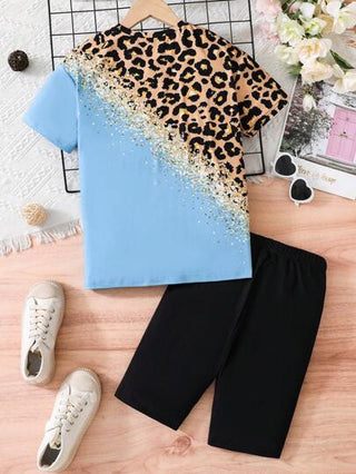 girls-sets تي شيرت تي شيرت لفتاة المراهقة بأكمام قصيرة مطبع بطبعة النمر و مجموعة من البناطيل الضيقة للركوب الدراجات ذات تصميم تقسيم الألوان