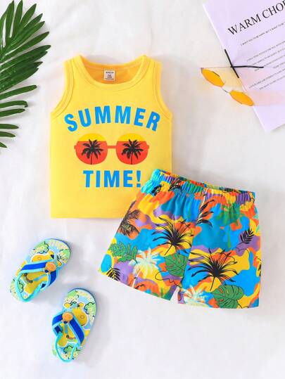مجموعة قميص بدون أكمام وشورت مطبوعة بالحروف وأشجار الاستوائية لأطفال الصغار في الصيف