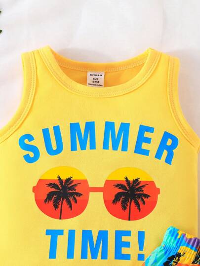 مجموعة قميص بدون أكمام وشورت مطبوعة بالحروف وأشجار الاستوائية لأطفال الصغار في الصيف