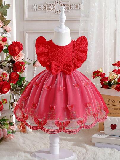 فساتين بيبي فستان طفلة أنيق بزخرفة الزهور والقصّات من التول والعقدة