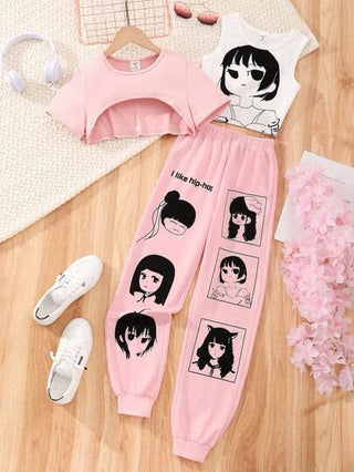 تيشيرتات بناتي ثوب نسائي لمرحلة ما قبل التسعينات يتكون من قميص كرتوني بدون أكمام مع بنطلون و قميص قصير مطبوع ومنسدل 3 قطع