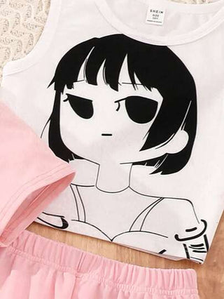 تيشيرتات بناتي ثوب نسائي لمرحلة ما قبل التسعينات يتكون من قميص كرتوني بدون أكمام مع بنطلون و قميص قصير مطبوع ومنسدل 3 قطع