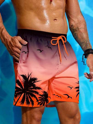 Manfinity Swimmode شورت بطبعة أشجار النخيل للرجال ، سحاب خصر، شاطئي، هاواي
