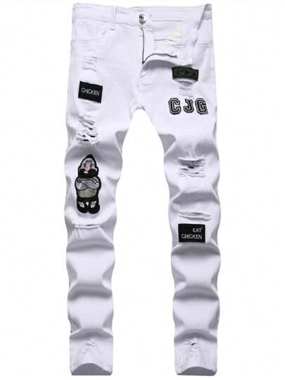 بنطلون جينز كاجوال ممزق مع جيوب وطبعات حرفية للرجال