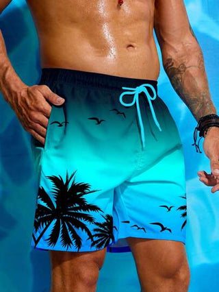 Manfinity Swimmode شورت شاطئ للرجال مطبوع عليه أشجار النخيل، أسلوب هاواي