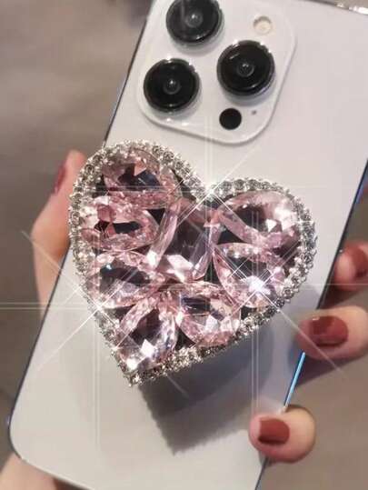 حامل هاتف مرآة وردي الشكل مرصع بالراين ستون ، خاتم أصبع مطاطي مرصع بالكريستال عصري، غطاء هاتف لاصق خلفي صالح للهواتف الذكية المختلفة للمشاهدة والتصوير ، هدية عيد ميلاد أو لعائلة أو أصدقاء، اكسسوارات الهاتف