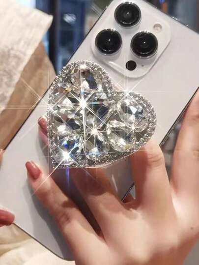 حامل هاتف مرآة وردي الشكل مرصع بالراين ستون ، خاتم أصبع مطاطي مرصع بالكريستال عصري، غطاء هاتف لاصق خلفي صالح للهواتف الذكية المختلفة للمشاهدة والتصوير ، هدية عيد ميلاد أو لعائلة أو أصدقاء، اكسسوارات الهاتف