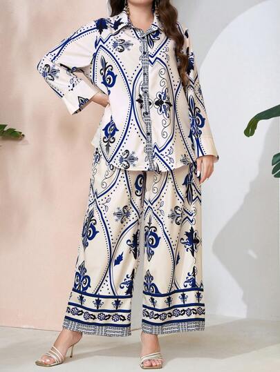 Mulvari مجموعة قطعتين من بنطال وبلوزة نصف كم بتصميم مطبوع عشوائي، مناسب للمقاسات الكبيرة للنساء