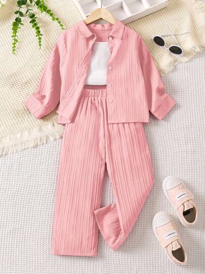 تيشيرتات بناتي بذلة فتاة شابة مكونة من قميص بأكمام طويلة وبنطلون من النسيج ذو البنية المتماسكة، 2 قطع، موسم الربيع الكاجوال