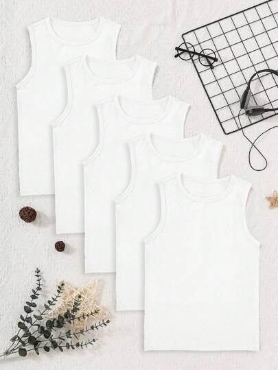 SHEIN مجموعة تي شيرت بلا أكمام صبي الناشئة بلون سادة و تي شيرت عشوائي 5 قطع، طبقة الأساسية لفصل الصيف