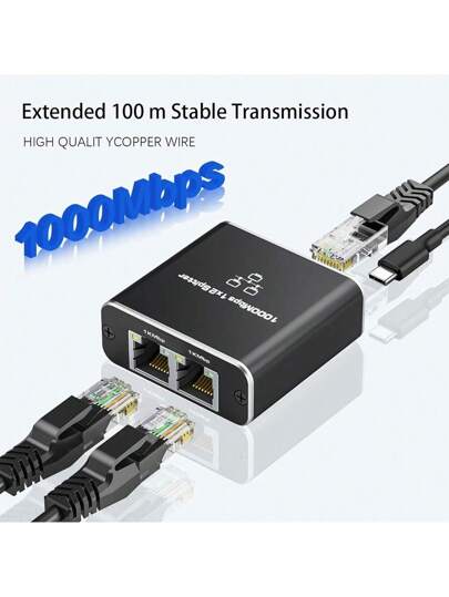 مفتاح تبديل إيثرنت جيجابت  مقسم RJ45 محول تمديد جيجابت LAN محول منافذ شبكة 1 إلى 2 بسرعة 1000 ميجابت في الثانية لجهاز الكمبيوتر المحمول وصندوق التلفزيون والموجه