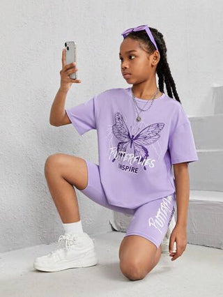 girls-sets تي شيرت أنيق وسروال قصير مناسبان للفتيات مزينة بطبعات فراشات/فراشة محبوكة، ملابس كاجوال صيفية