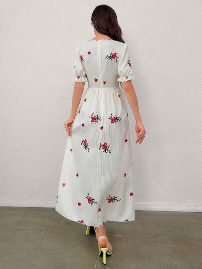 Mulvari فستان صيفي للنساء مطبوع بنقوش الزهور مع تطريز ولوحات ذو فتحة رقبة مربعة وأكمام منتفخة كاملة الطول للمناسبات والإطلالات