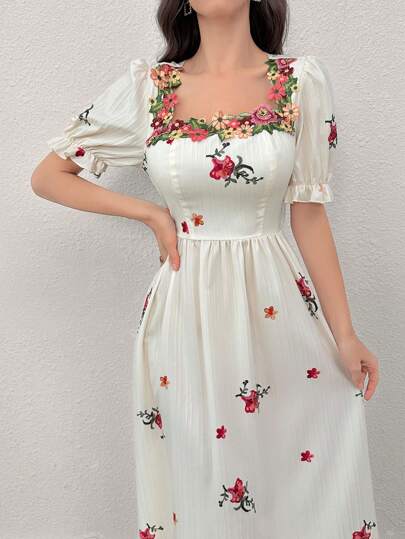 Mulvari فستان صيفي للنساء مطبوع بنقوش الزهور مع تطريز ولوحات ذو فتحة رقبة مربعة وأكمام منتفخة كاملة الطول للمناسبات والإطلالات