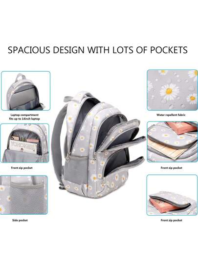 طقم مكون من 3 قطع مكون من حقيبة ظهر صغيرة لطلاب المدارس بنمط الأقحوان الطازج، صندوق غداء وحافظة أقلام مقاومة للماء للاستخدام اليومي