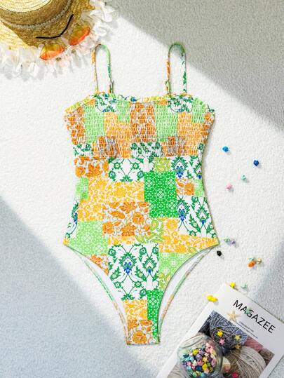 مايوه حريمي قطعة واحدة Swim بدلة سباحة نسائية كاملة الطول بتصميم V الرقبة الحالك مع نقشة زهرية على طراز الأعياد والإجازات، طباعة نمط عشوائي الألوان صيفي